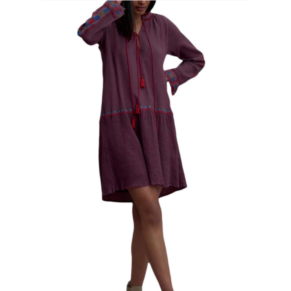 Roberta Roller Rabbit Oditi Dress Sz XS Plum Embroidered Tassel Lined Drop Waist